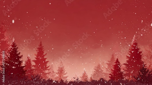 Silhouette of evergreen trees under a soft red sky with falling snow winter