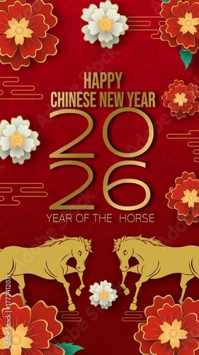 Vertical looping animation for Chinese New Year 2026, Year of the Horse. Features golden horses, red floral patterns, and elegant gold accents. Ideal for greetings, ads, and festive displays.