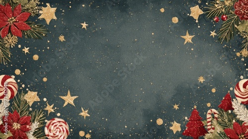 Festive Christmas border with poinsettias pine branches candy canes and sparkling gold stars