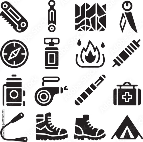 Set of outdoor adventure and survival gear icons for camping hiking and exploration