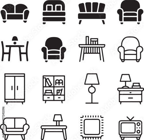 Collection of furniture icons for interior design and home decorations