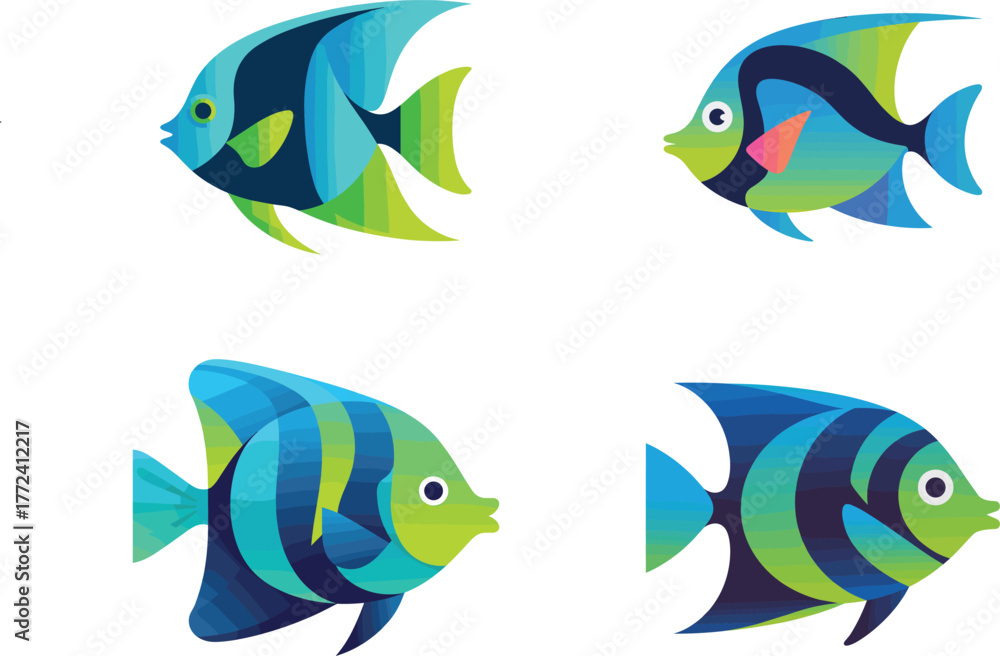 Naklejka premium Geometric Tropical Fish Set Abstract Flat Design Ocean Icon Vector