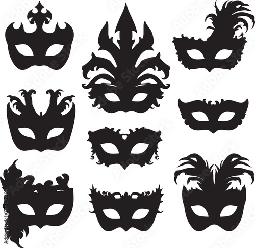 Nine black silhouette Venetian carnival masks with feathers and elaborate designs on a white background