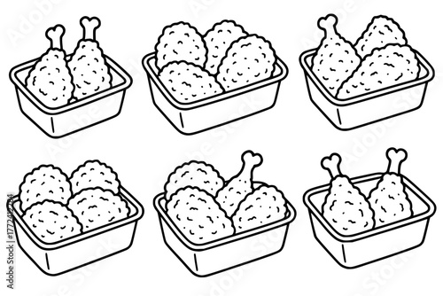 Illustration of 6 Fried Chickens in a Containers, outline version