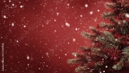Green pine branches with red snowflakes and falling snow on a red background