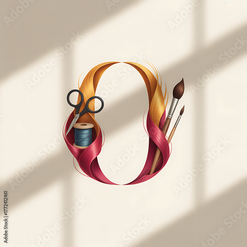 Abstract swirling ribbon forming letter O with art and sewing supplies zero