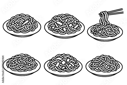 Illustration of 6 Noodles in a Plate, outline version