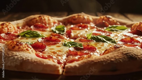 A close-up shot of a pizza featuring pepperoni, basil, and melted cheese. It's on a wooden surface