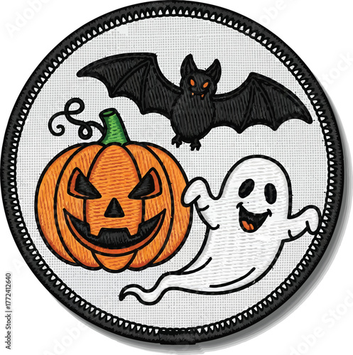 Spooky Halloween patch featuring a grinning jack-o'-lantern, a playful ghost, and a menacing bat ready for festive celebrations