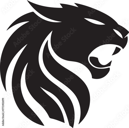 Stylized Black Silhouette of a Fierce Lion Head with a Flowing Mane animal wildlife