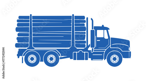 Timber truck symbol. Blue outline. Vector illustration. Side perspective. Standalone item on a white backdrop. Isolate


