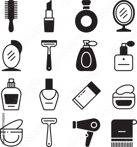Collection of cosmetic and personal care icons for beauty and grooming applications