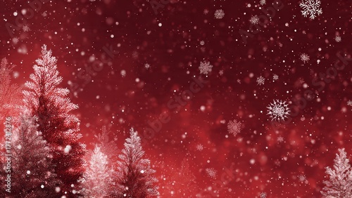 White snow covered pine trees against a deep red blurred background with falling snowflakes