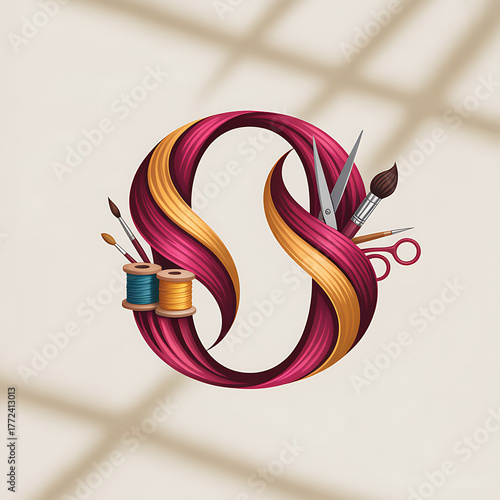 Abstract swirling ribbon logo with sewing and art tools image