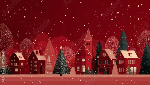 Snowing winter village with red houses decorated Christmas trees and bare winter trees