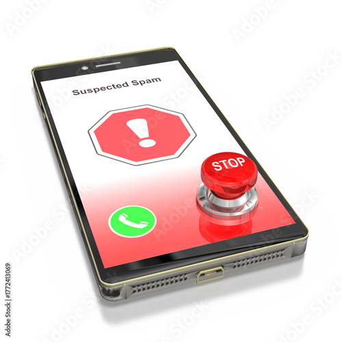 Smartphone mit Spam und Buzzer Stop zeigt Bildschirm eines unbekannten Anrufers oder Spamanruf auf transparenten Hintergrund, freigestellt
