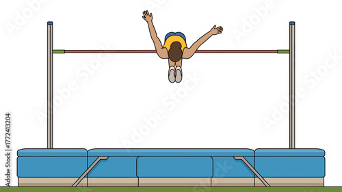 A woman is doing a high jump over a bar with a blue mat under it and her arms are raised up high