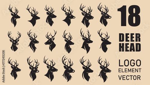 Collection eighteen stylized black silhouette illustrations deer heads, showcasing various antler designs and profiles, suitable for logo elements