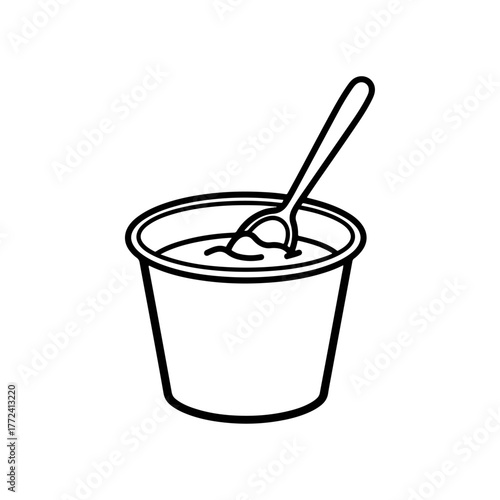 Simple Line Drawing of a Yogurt Cup with a Spoon Stirring Inside, Isolated on White Background, Healthy Food Illustration