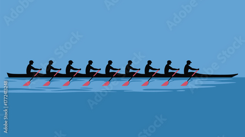 A silhouette of eight rowers in a boat on water with oars in a blue color scheme illustration
