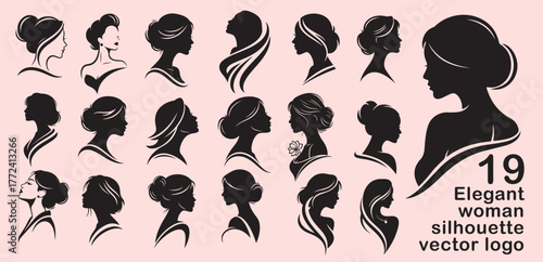 Compilation nineteen elegant black silhouette illustrations depicting womens hairstyles and profiles, ideal for beauty or fashion logo design