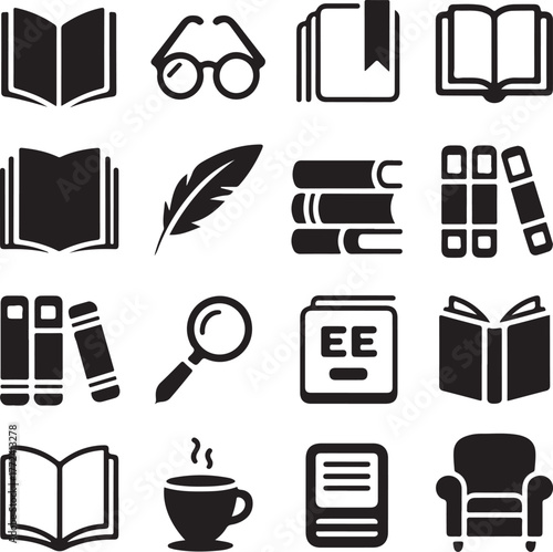Collection of reading and learning icons books glasses quill magnifying glass and armchair symbols
