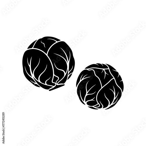 Two Black Silhouette Brussels Sprouts Organic Healthy Vegetables Isolated on White Background, Raw Food Ingredient