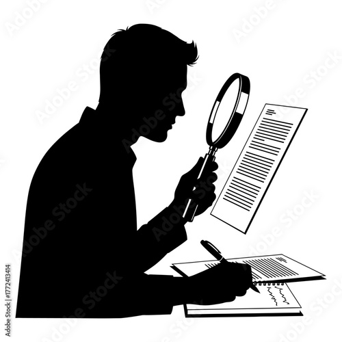 Man Silhouette Using a Magnifying Glass to Closely Examine an Important Document