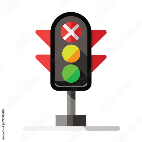 Faulty traffic light with an error warning displayed featuring nonfunctional lights and a clear error signal illustration