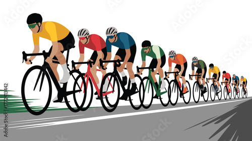 A group of cyclists riding in a peloton on a road with a white background in a vector illustration