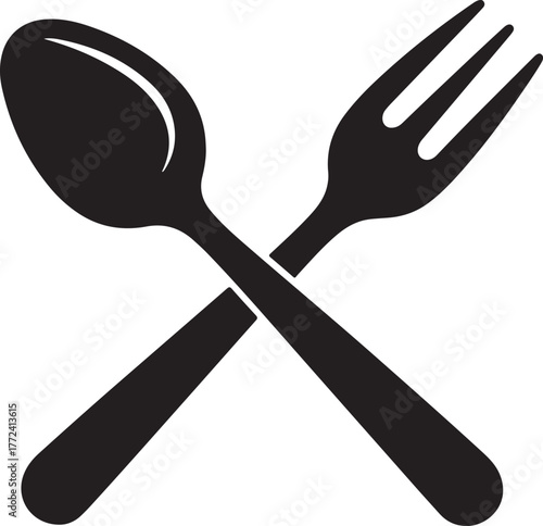 Crossed spoon and fork vector icon representing dining, restaurant, food service, and culinary themes