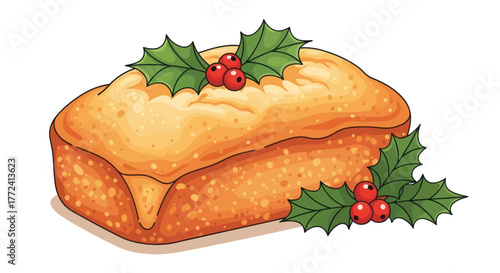 Freshly baked Christmas loaf cake with festive holly berry garnish perfect for holiday baking recipes and seasonal celebrations
