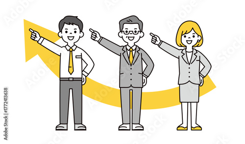 目標を指さす、シニア世代の社長と若い男女の会社員の全身ベクターイラスト素材セット