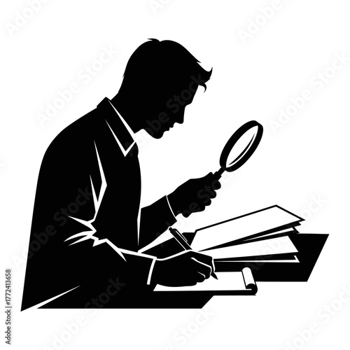 Focused Man Using a Magnifying Glass to Closely Examine Details on Documents