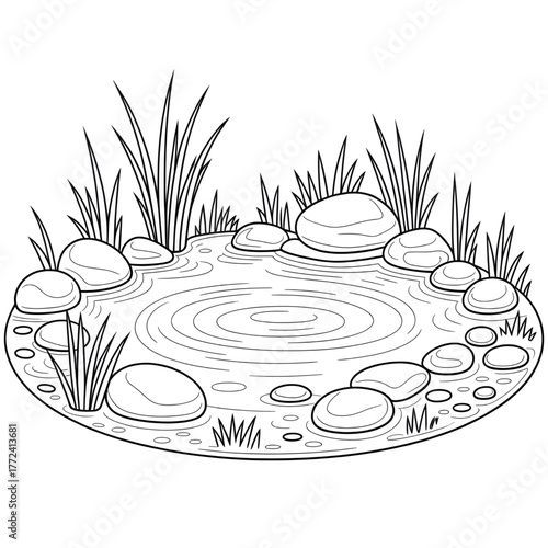 Serene Pond Line Art Coloring Page for Kids and Adults