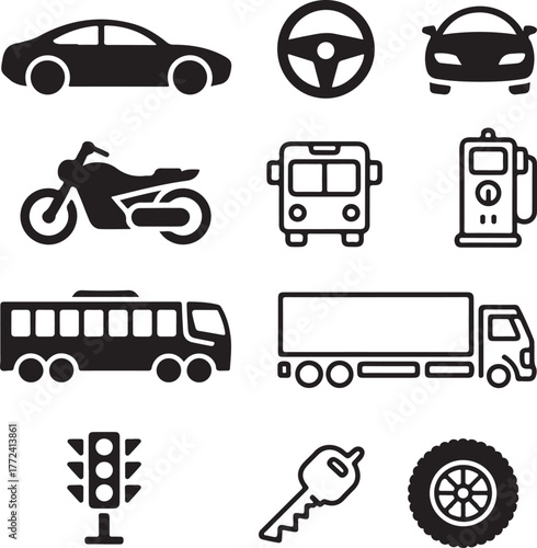 Collection of transportation icons cars motorcycles bus truck traffic light fuel key and tire