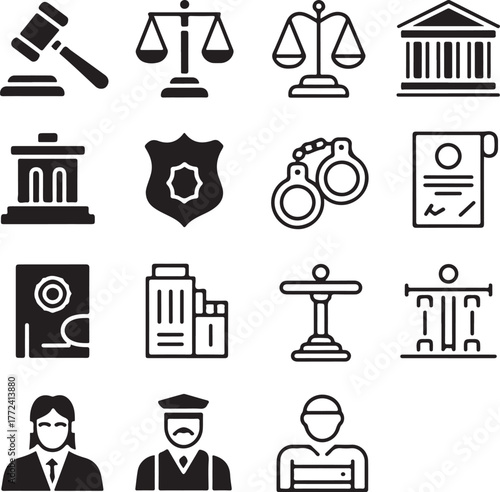 Law and justice icons set gavel scales courtroom scales courthouse law book handcuffs legal documents