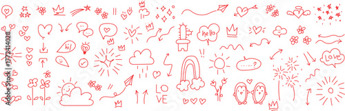 cute hand drawn doodle vector set, love, Natural , firework, cloud, weather, rainbow, snow, heart charming collection of hand-drawn doodles featuring hearts, clouds, rainbows, fireworks, and snow