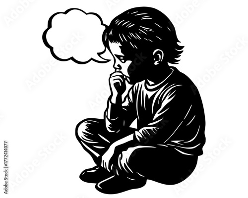 Young Boy Thinking with Thought Bubble Silhouette Vector