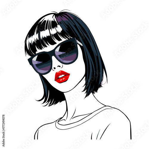 Modern Pop Art Portrait of Stylish Woman with Black Hair and Sunglasses