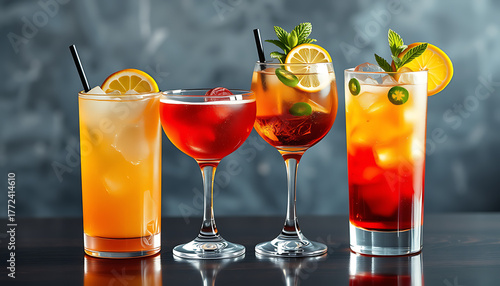 Selection of colorful cocktails refreshing mixed drinks with fruit garnish perfect for summer parties and bar menus