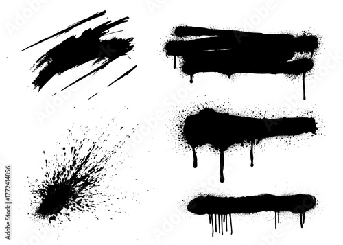 Black spray paint splatters, drips and strokes artistic graphic elements for creative designs