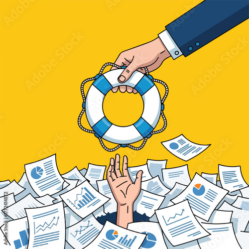 Person drowning in paperwork gets help with life preserver