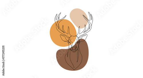 Minimalist continuous line art illustration of a majestic deer head with antlers, framed by abstract organic shapes in warm earth tones.