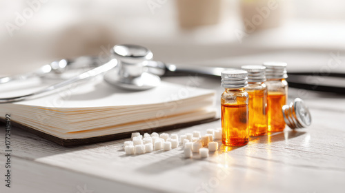 Homeopathic medicine with stethoscope and notebook on a wooden table. This image shows a close-up of homeopathic remedies with a stethoscope and notebook, perfect for health and wellness concepts