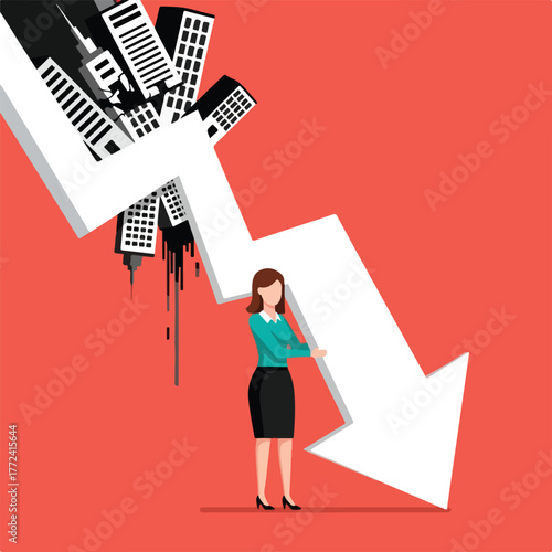 Businesswoman holding down a falling graph with buildings