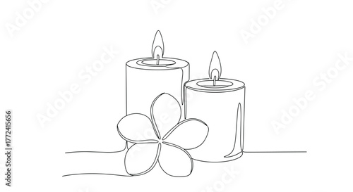 Minimalist line art illustration of candles and a flower, symbolizing relaxation and spa themes, in a clean and elegant design.