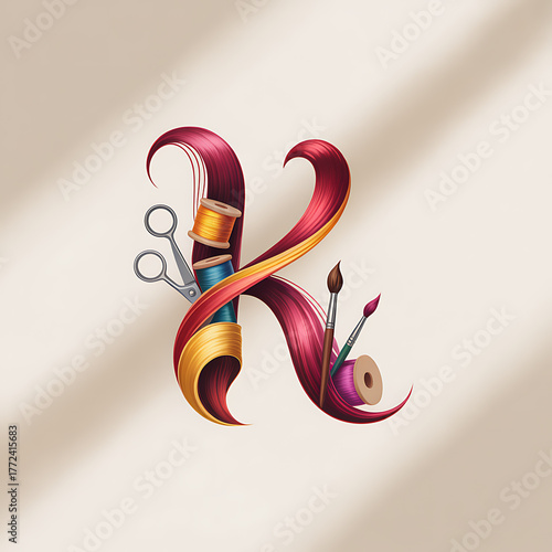 Red and Yellow Ribbon Shaped Letter K with Sewing and Art Supplies craft