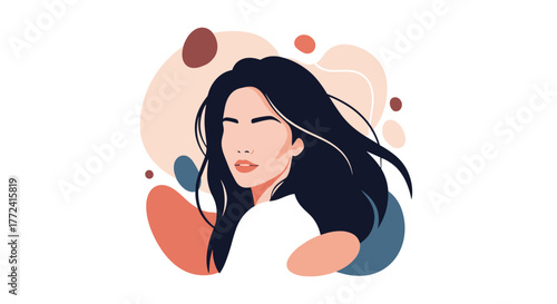 Abstract portrait of a young woman with flowing dark hair and a white top on a white background.