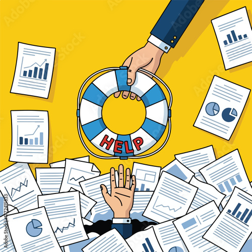 Businessman drowning in papers gets help from a life preserver